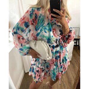 H&M Wide Cut Belted Short Chiffon Dress Colorful